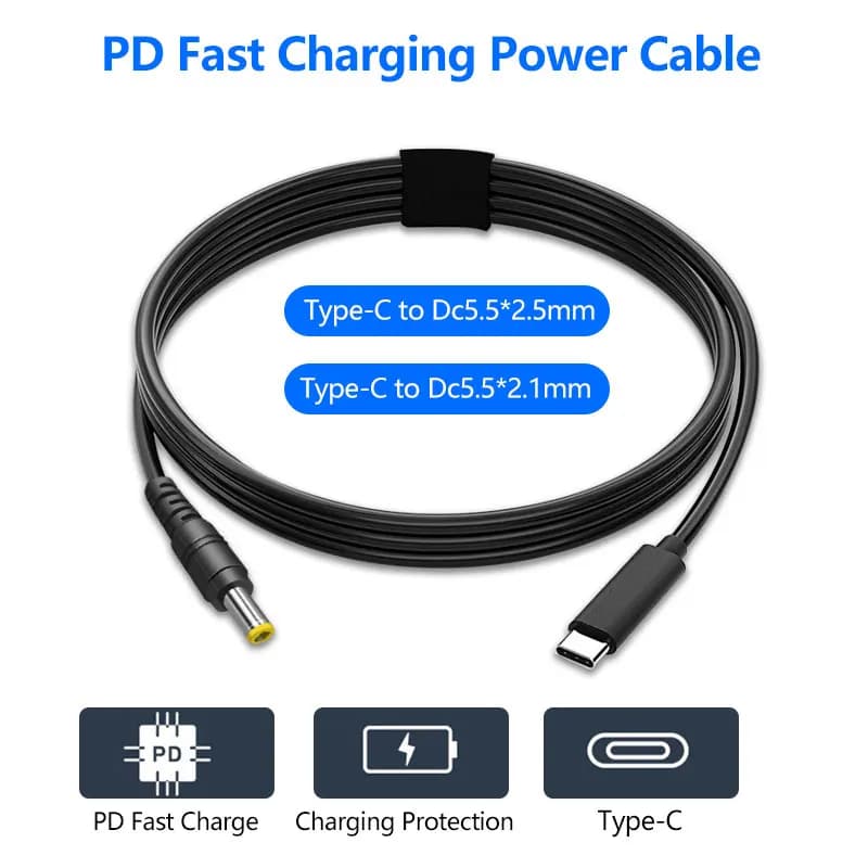 PD65W 20V 3A USB Type C to DC5525 DC5521 Power cord Charging cable 1.5 m converter cable for TS100 PINE64 SH72 T12 welding machine