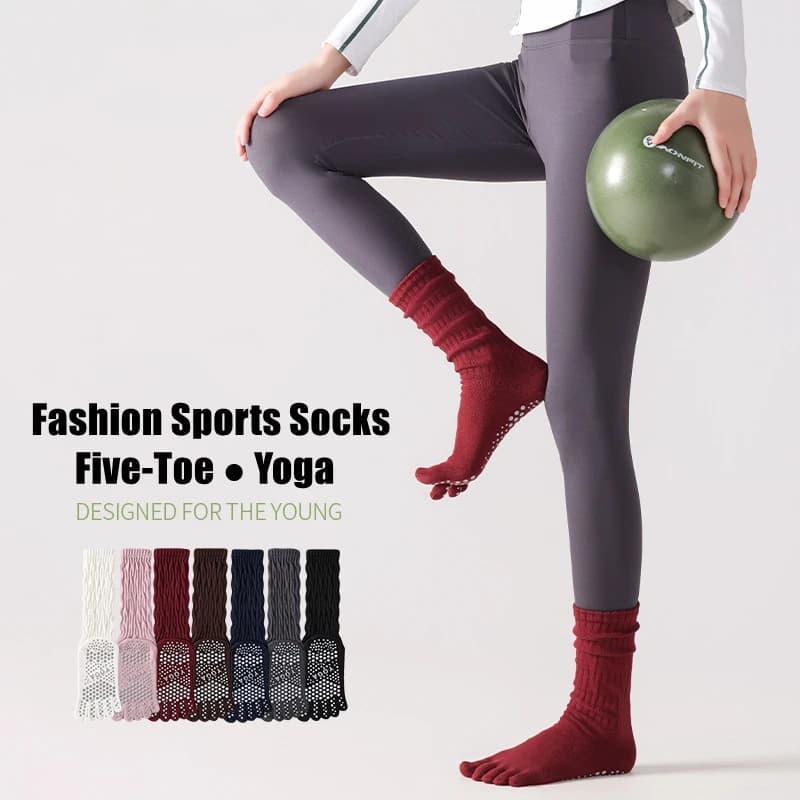 1 Paio di Calzini Lunghi da Yoga per Donna con Grip in Silicone Antiscivolo, Design a Cinque Dita, Colore Unico, in Cotone per Danza, Studio e Pilates