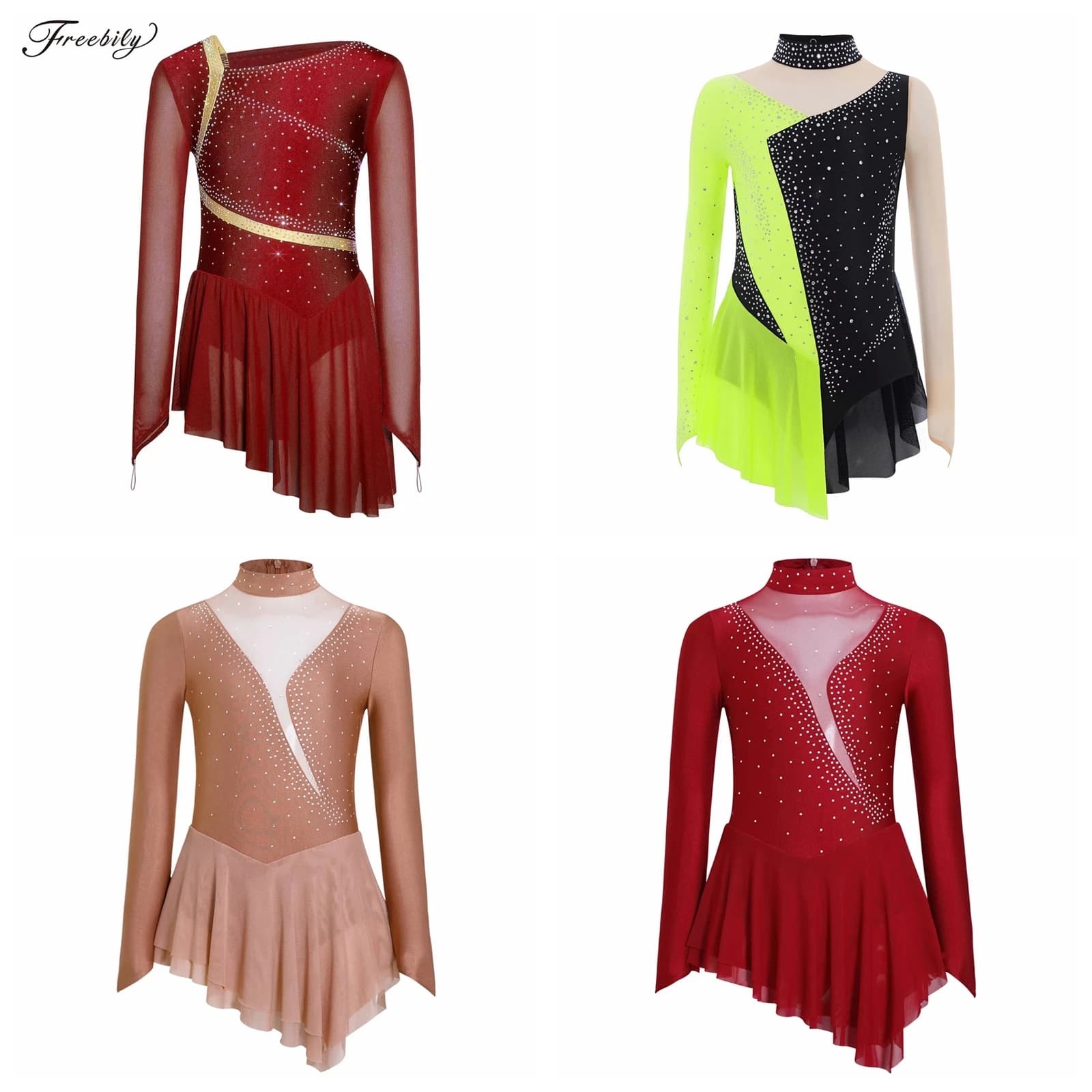 Girls Ballet Dress Tutu Skirted Leotard Rhinestone Figure Ice Skating Gymnastics Children Lyrical Dance Performance Costume