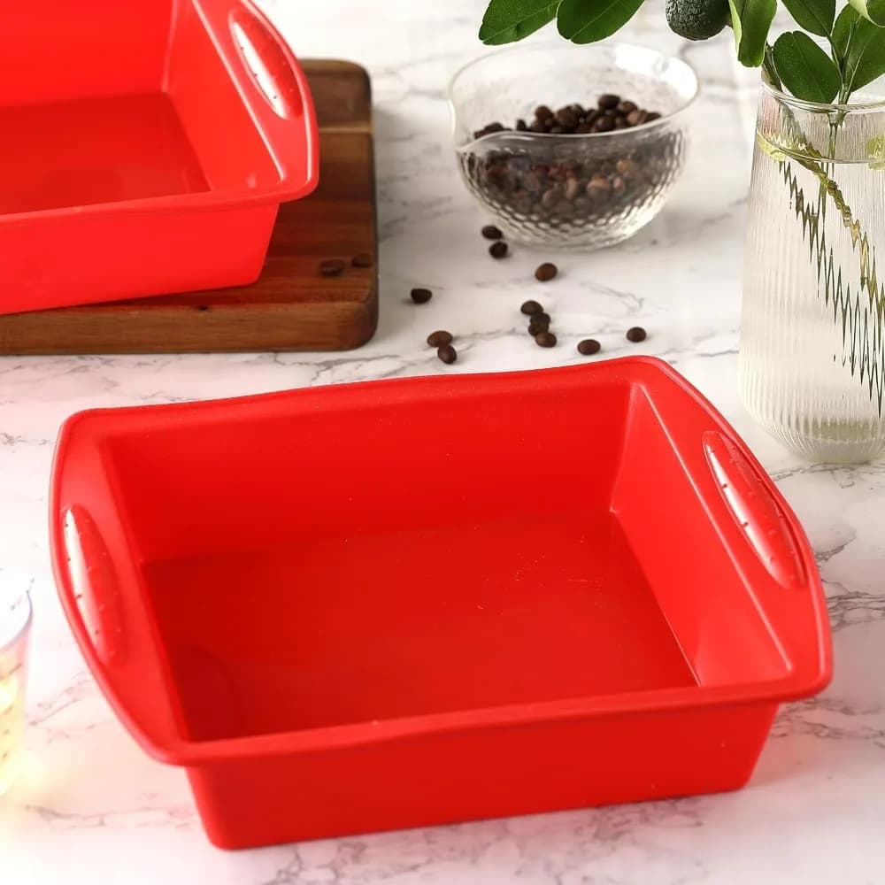 Set di 2 Stampi Quadrati in Silicone Resistenti al Calore per Brownie, con Manico Antiscivolo, Flessibili per Pane, Antiaderenti per Torte, Adatti per Friggitrice ad Aria