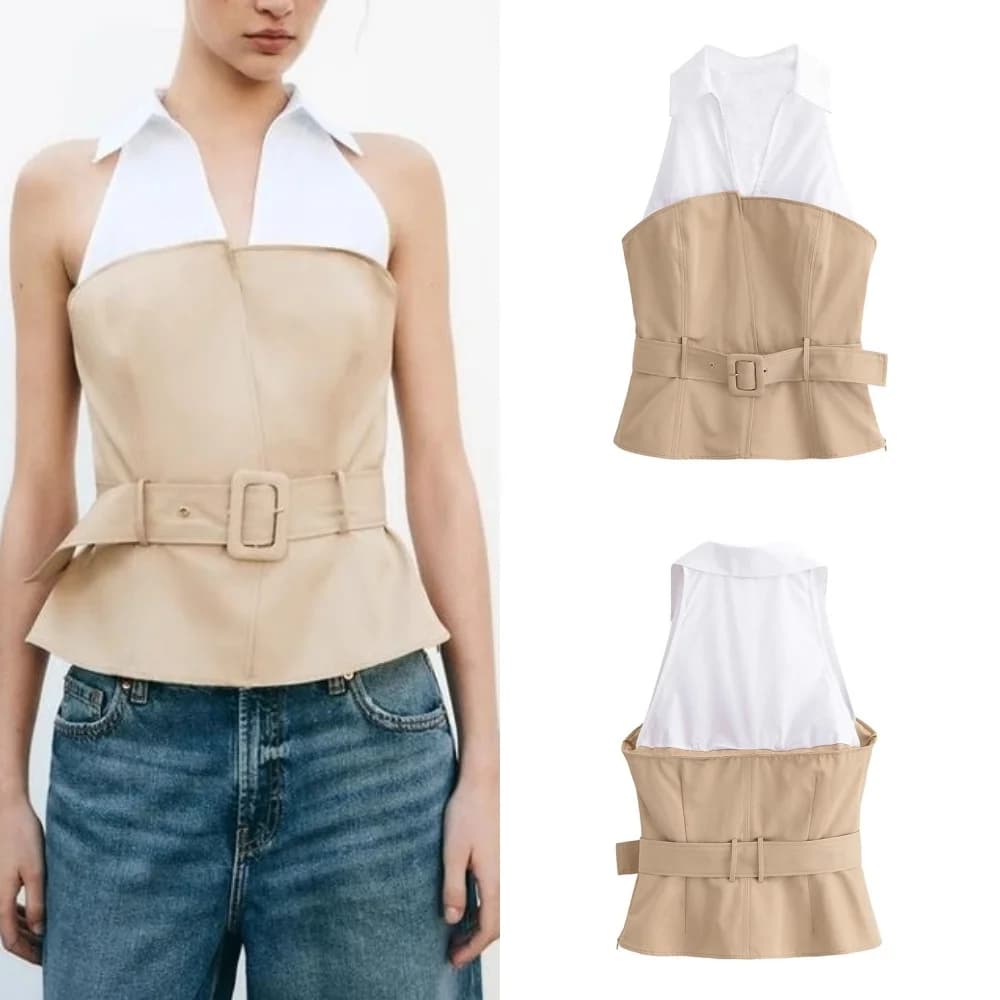 Women's top with contrasting American neckline with belt Women's vest with spring fashionable V neckline with sleeveless female canotte with side zipper