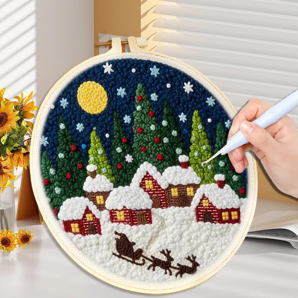 Christmas Theme Punch Needle Kit Beginner Punch Needle Embroidery Yarn Sewing DIY Craft Magic Tufting Set Holiday Gift
