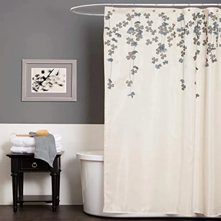 Tenda da doccia Flower Drops, singola, 72" L x 72" L, avorio e blu - Tende da doccia in tessuto per bagno - Tenda da bagno floreale