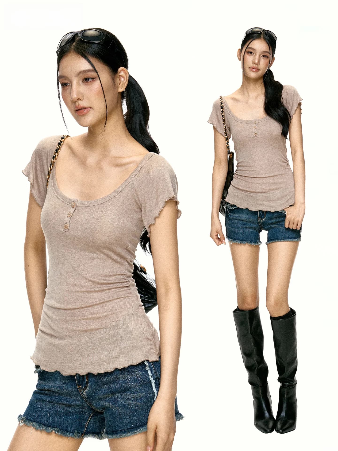 Aaisup Korean Style U-Neck Short Sleeve Slim Fit Women's T-Shirt Summer Decorative Button Versatile Slimming Top