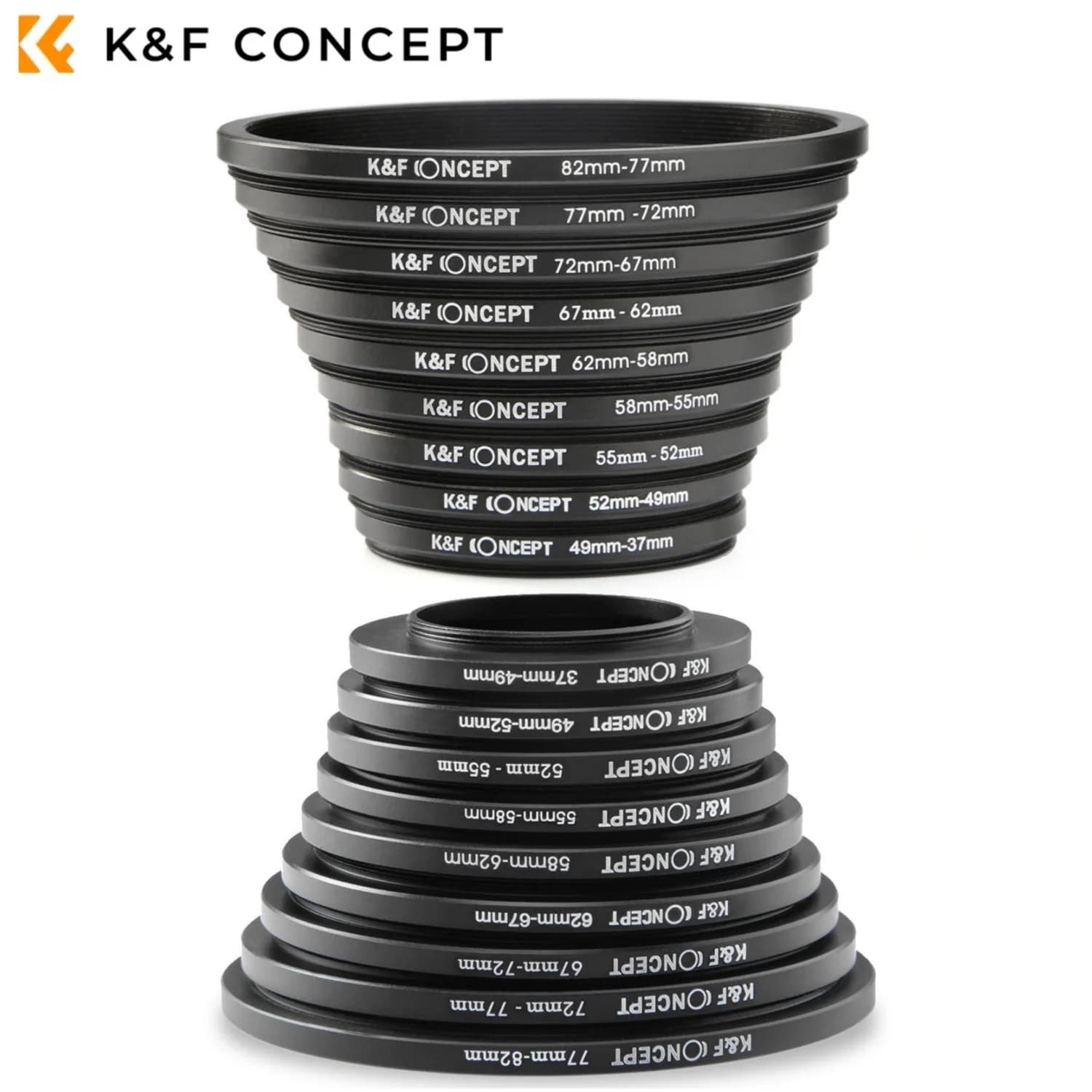 K&F CONCEPT 18 in 1 Filter Adapter Ring Set Camera Lens Step Up/Down Adapter Ring for Canon Nikon Sony DSLR Lens 37-82mm 82-37mm