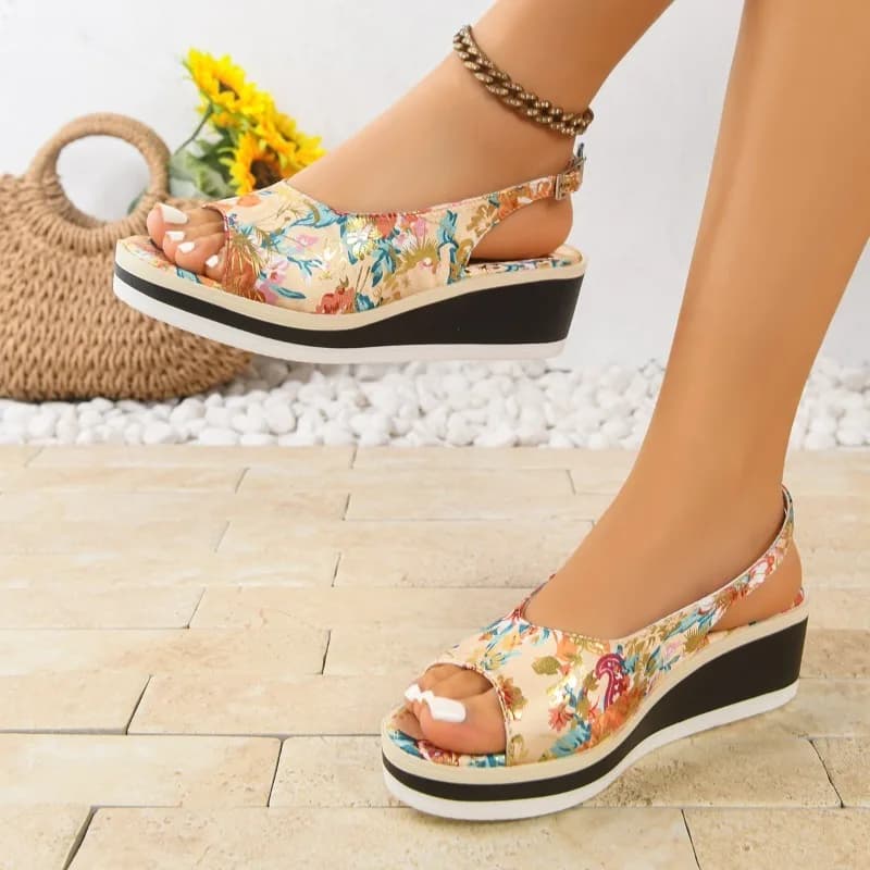 Sandali con Zeppa Floreali da Donna, Peep Toe con Plateau e Cinturino alla Caviglia, Scarpe Estive Casual Comode per Esterni, Spiaggia, Passeggio ed Eventi Eleganti