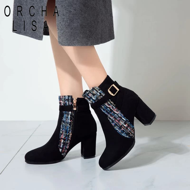 ORCHALISA Textured Round Toe Ankle Boots Ladies Flock Buckle Decor Casual Daily Footwear Multiple Tones