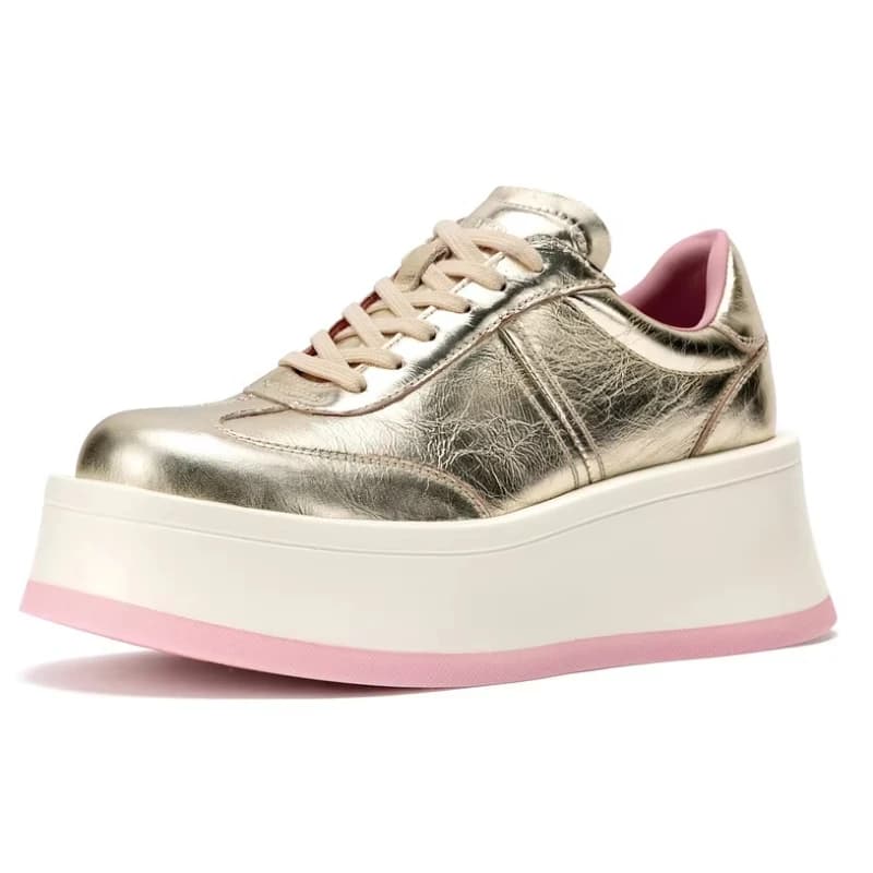 Scarpe Casual Oro Champagne per Donna in Vera Pelle con Suola Spessa, Scarpe con Rialzo, Comode Sneakers alla Moda con Suola Chunky