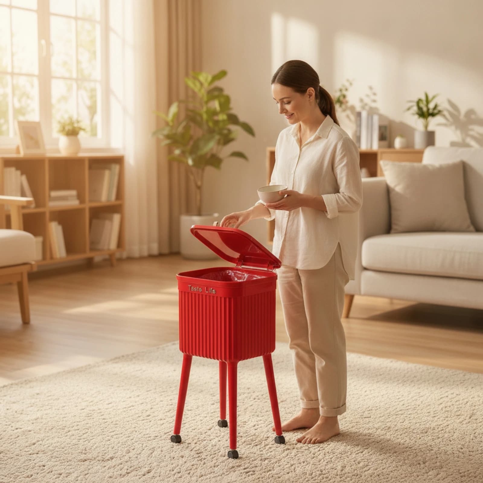 Lidded Trash Can with Stand Mobile Trash Can with Wheels Wastebasket Ribbed Waste Receptacle Portable for Kitchen