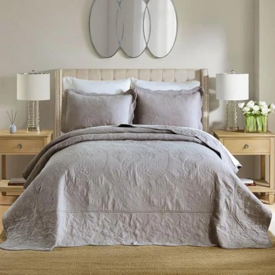 Set di Biancheria da Letto in Cotone Jacquard, Copriletto Trapuntato Reversibile a 3 Pezzi con Bordo Arricciato per Tutte le Stagioni