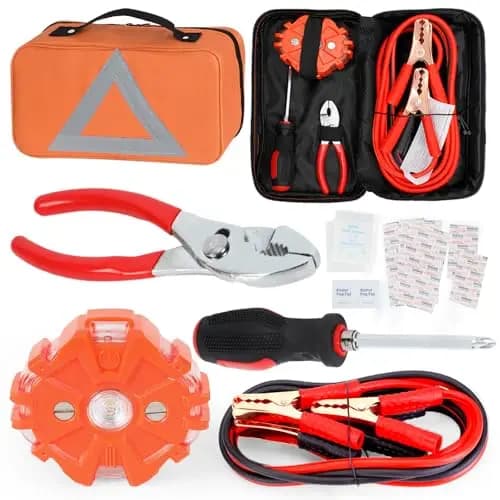 Kit di emergenza stradale per auto Orange con cavi di avviamento, luce di avvertimento a LED, multiutensile, forniture di primo soccorso e