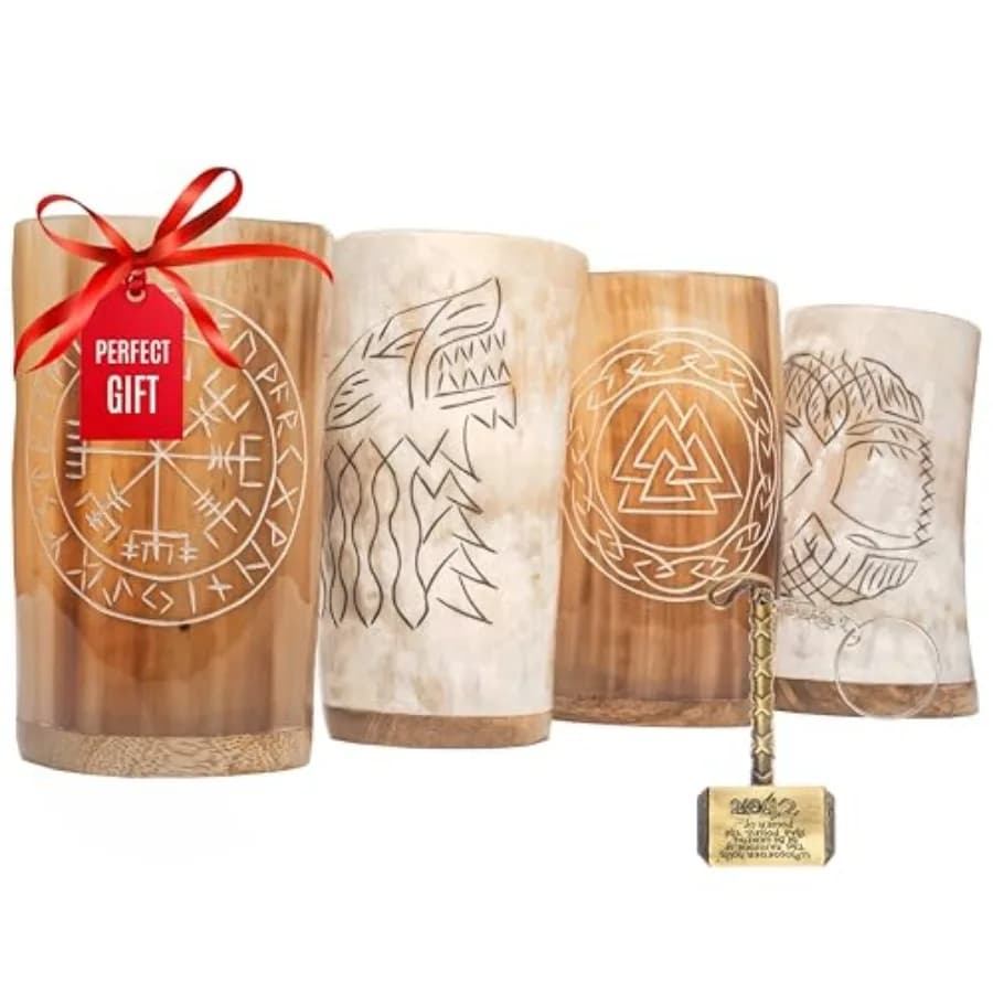 Set di 4 bicchieri a forma di corno vichingo, set di boccali da birra in corno di bue naturale, bicchierini da shot da 10 oz, tumbler unici e originali, regalo di birra per uomini e donne