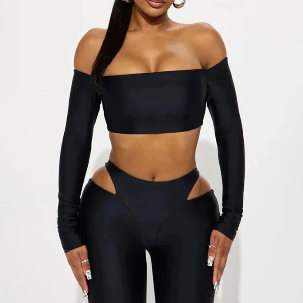 Women Sexy Hotties Skinny 2 Piece Set Slash Neck Off Shoulder Long Sleeve Crop Tops + Hollow Leggings Pants Suits Streetwear