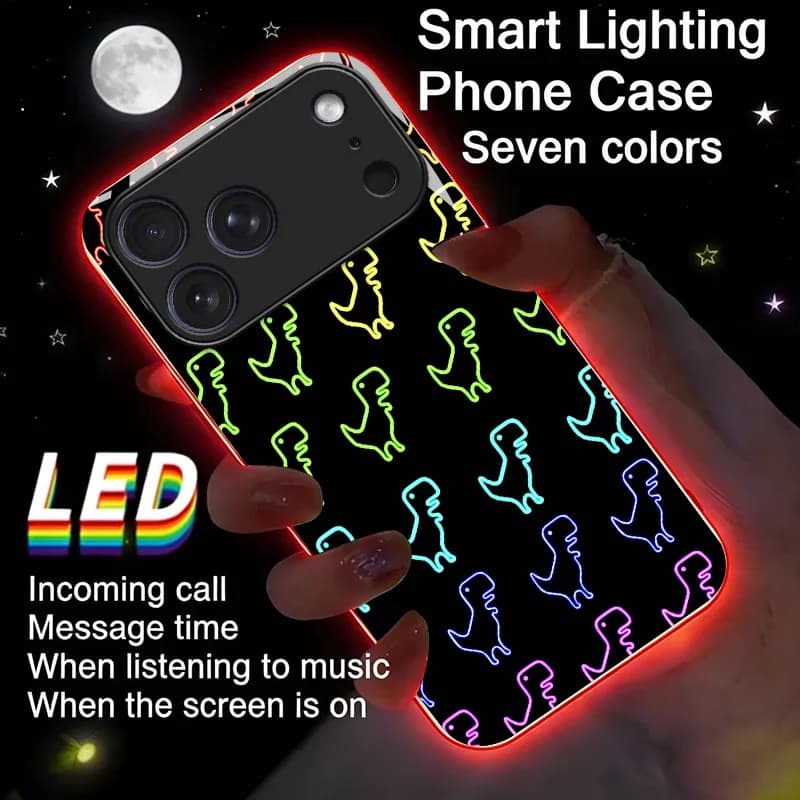 Neon Dino Luminous Glass LED Call Light Up Flash Phone Case Cover For iPhone 17 Pro Max 16 Pro Max Air 17E 16E 15 14 13 12 11 Pro XS XR Max Plus 7 8 Plus SE Cover Case