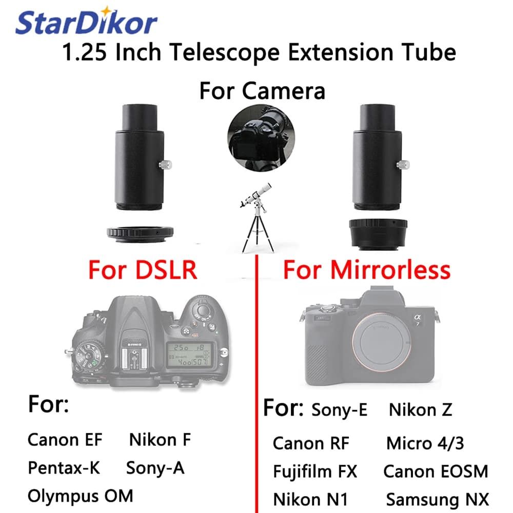 StarDikor Adattatore per tubo di prolunga da 1,25 pollici Supporto per telescopio astronomico per fotocamera Canon Nikon Sony Pentax Fuji M4/3 Olympus