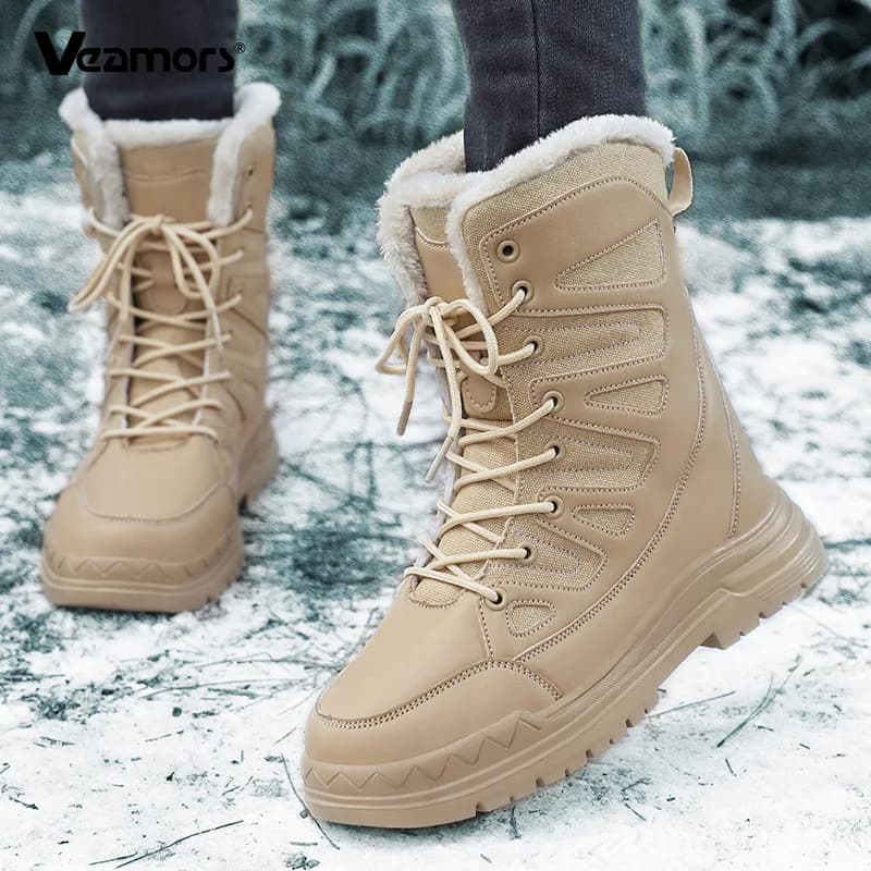 Women High‑Top Winter Hiking Boots Plush Outdoor Walking Snow Boots Thick Sole Non‑Slip Warm Mid‑Calf Cotton Shoes