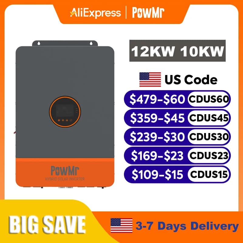 Inverter Solare Ibrido PowMr 12KW 10KW Bifase 48V 110V o 220V con Doppia Uscita MPPT e Caricabatterie MPPT 200A per Sistemi Off-Grid