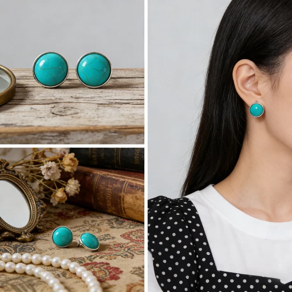 Retro turquoise round earrings for women, simple bohemian style multifunctional earrings, new product, bright ethnic style
