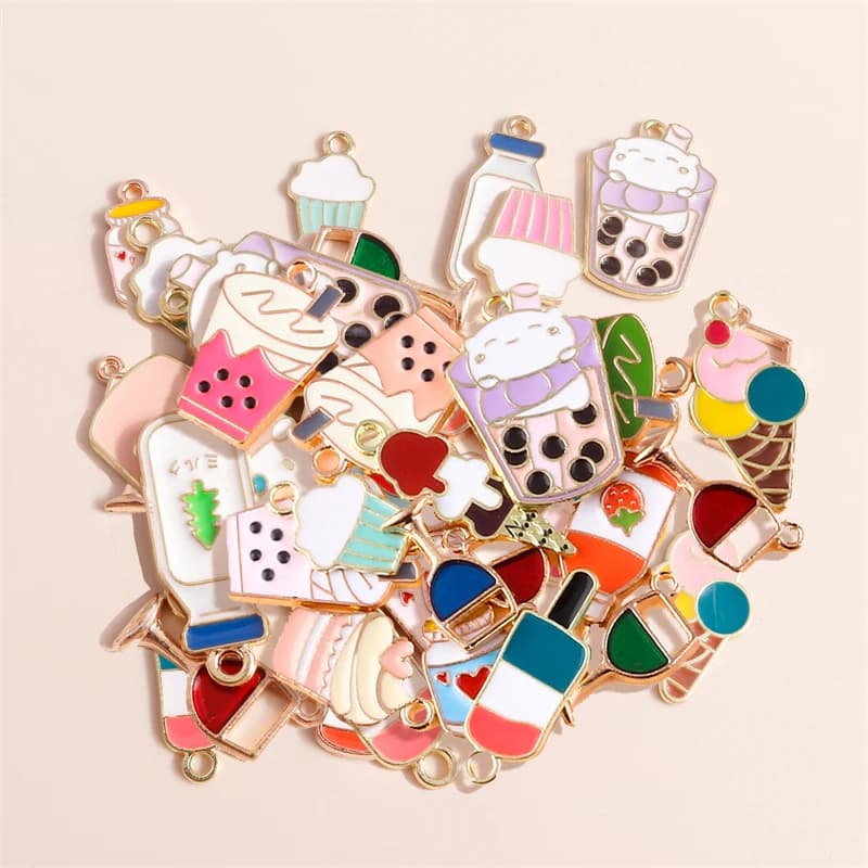 Leslie 10pcs Mix Enamel Cute Food Drink Ice Cream Cake Juice Cola Charms Pendants for Necklaces DIY Jewelry Making Accessories