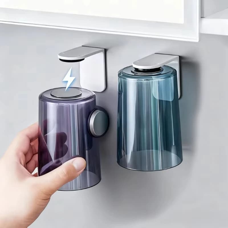 Magnetic Back Flip Toothbrush Cup, Wall-mounted Transparent Toiletry Cup Holder, Household Bathroom Drain Storage Shelf