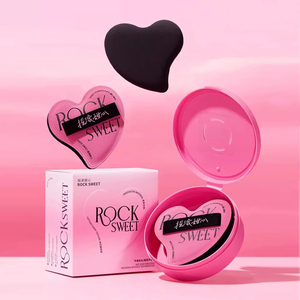 ROCK SWEET Cotton Candy Trucco morbido rosa a forma di cuore Soffio di cipria per fondotinta liquido a doppio uso morbido bagnato e asciutto