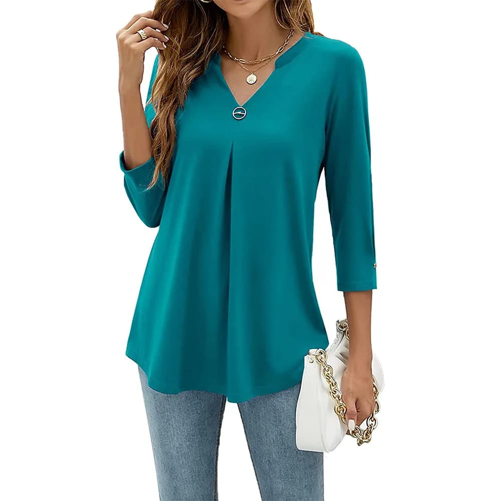 2024 primavera autunno t-shirt donna scollo a V 3/4 manica Pin Decor orlo pieghettato tinta unita Slim Fit tunica t-shirt top camicetta