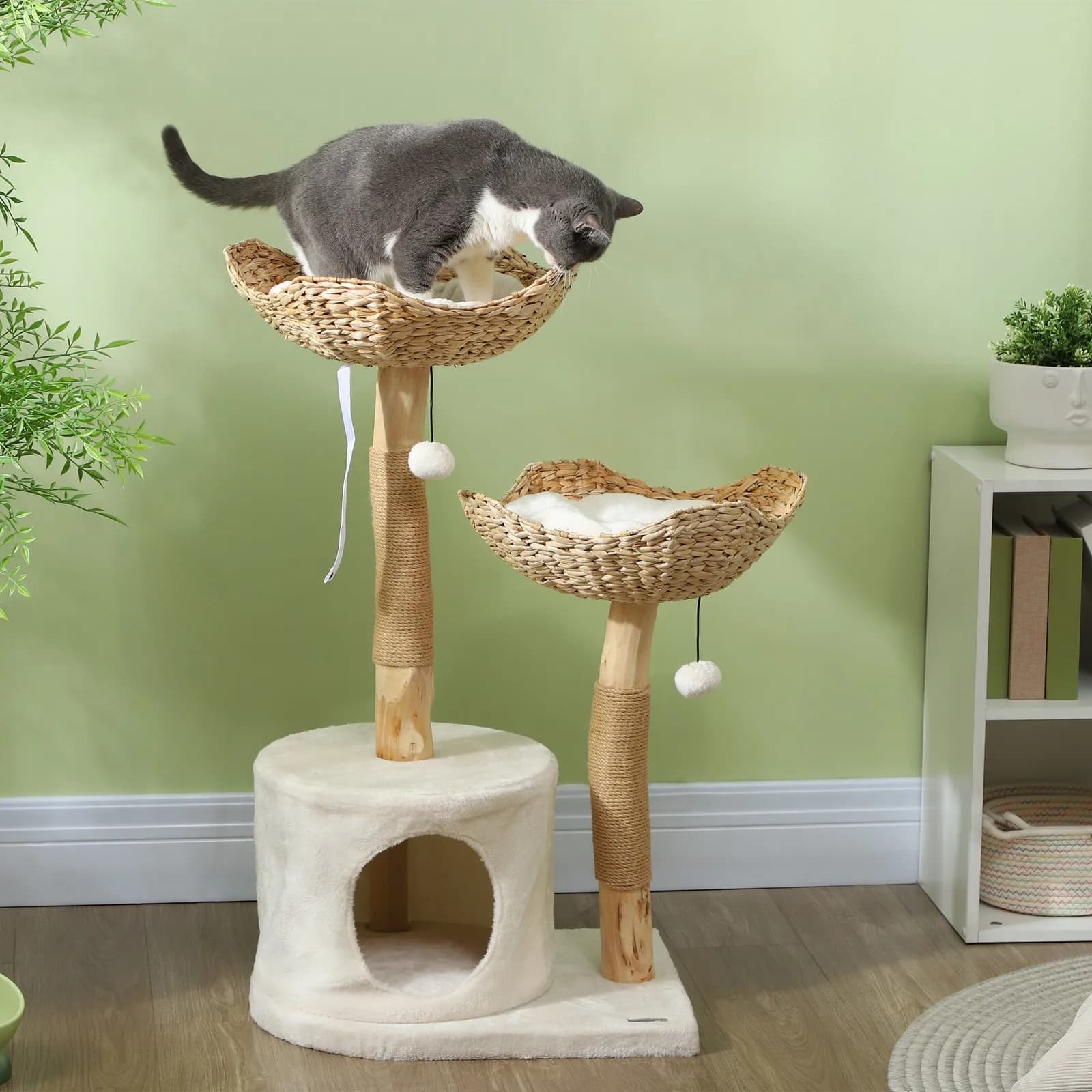 Albero per Gatti Moderno con Tiragraffi in Legno, Cuccia, Letti e Cuscini