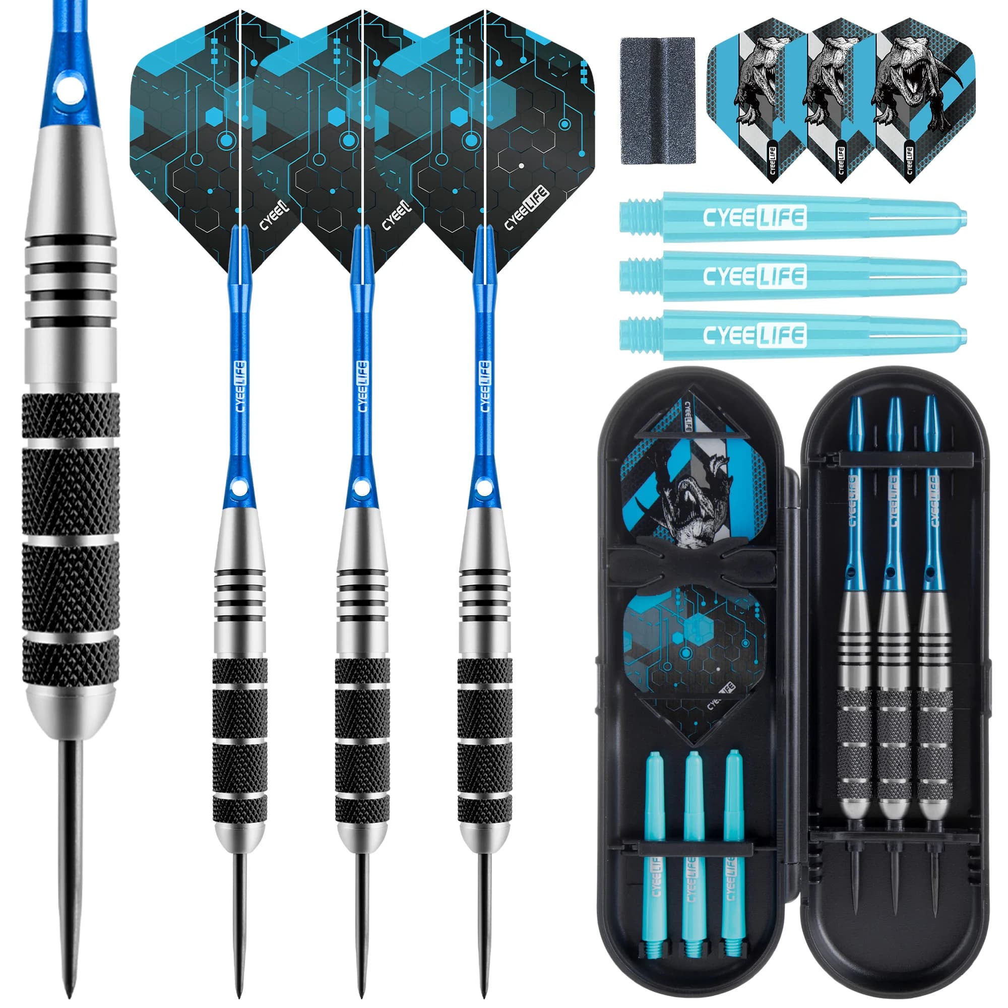 CyeeLife 26G 3 pezzi Set di freccette con punta in acciaio Volo standard in PET, freccette in acciaio inossidabile Alberi in alluminio Punta in acciaio con scatola di immagazzinaggio