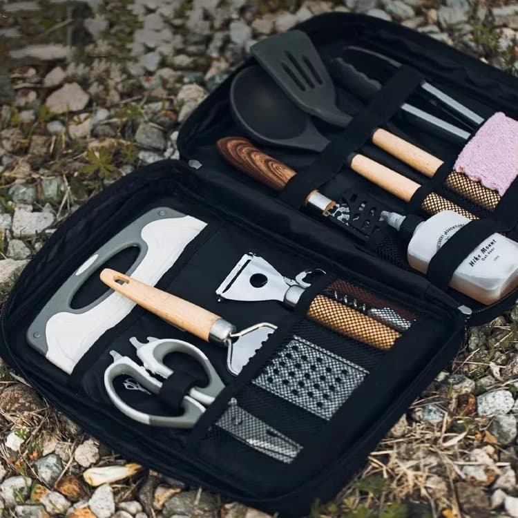 Camping Kitchen Utensil Set,Portable Cookware Organizer With Tongs Scissors Cutting Board | Cutlery Set For Backpacking