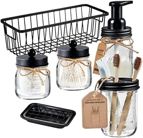Set da Bagno SheeChung 6 Pezzi in Stile Mason Jar - Dispenser Sapone Schiumogeno, Porta Spazzolino, Porta Bastoncini e Porta Asciugamani - Nero