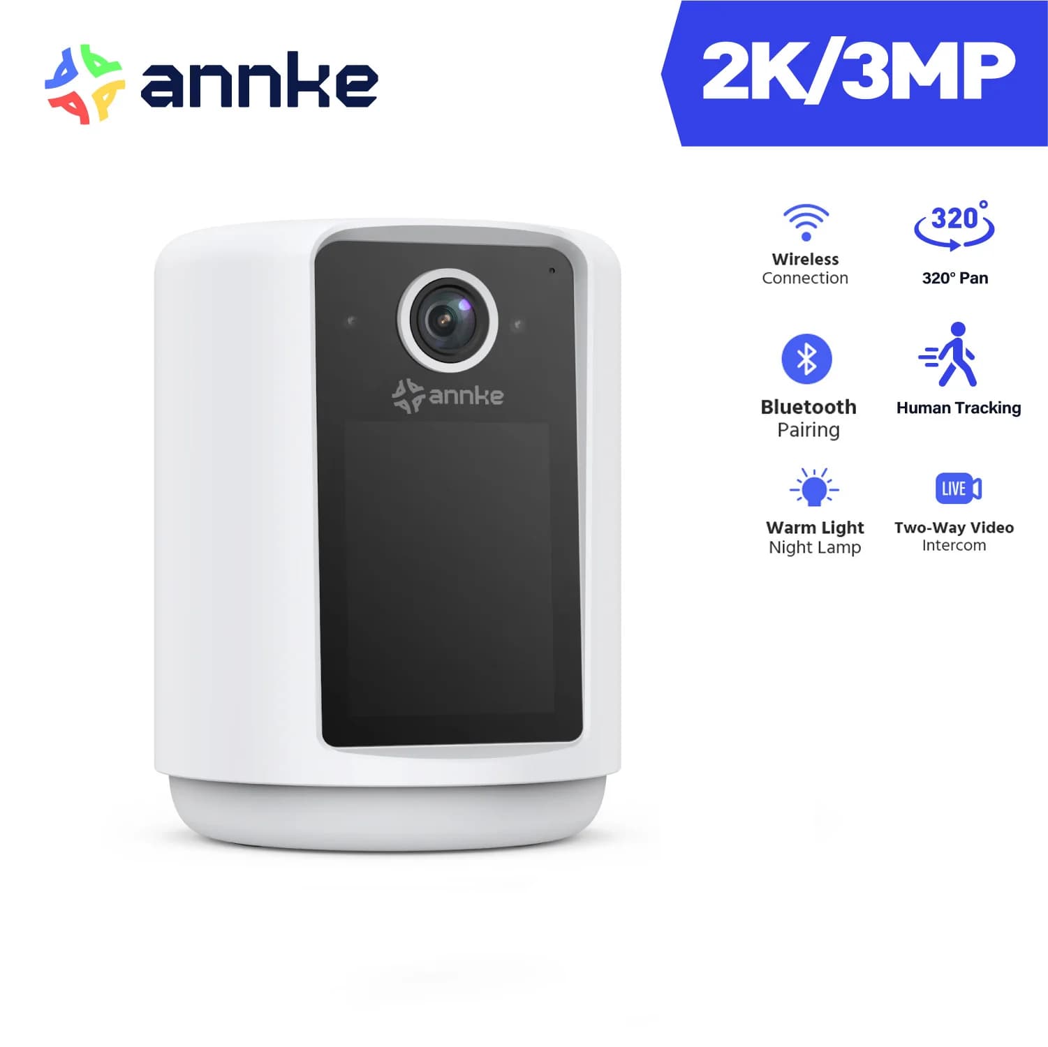 ANNKE 2K Mini WiFi IP Camera Wireless Security Home CCTV Surveillance Camera 2.4 Inch IPS Screen AI Human Tracking,320° Pan Rotation Night Light Baby Monitor