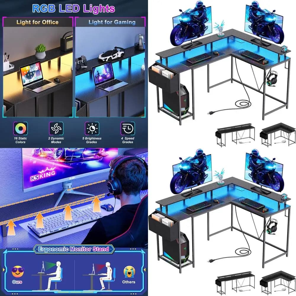 53-inch L Gaming desk with Current sockets, LED lights, Monitor support, Storage space, Black Carbon Fiber for Home or Office