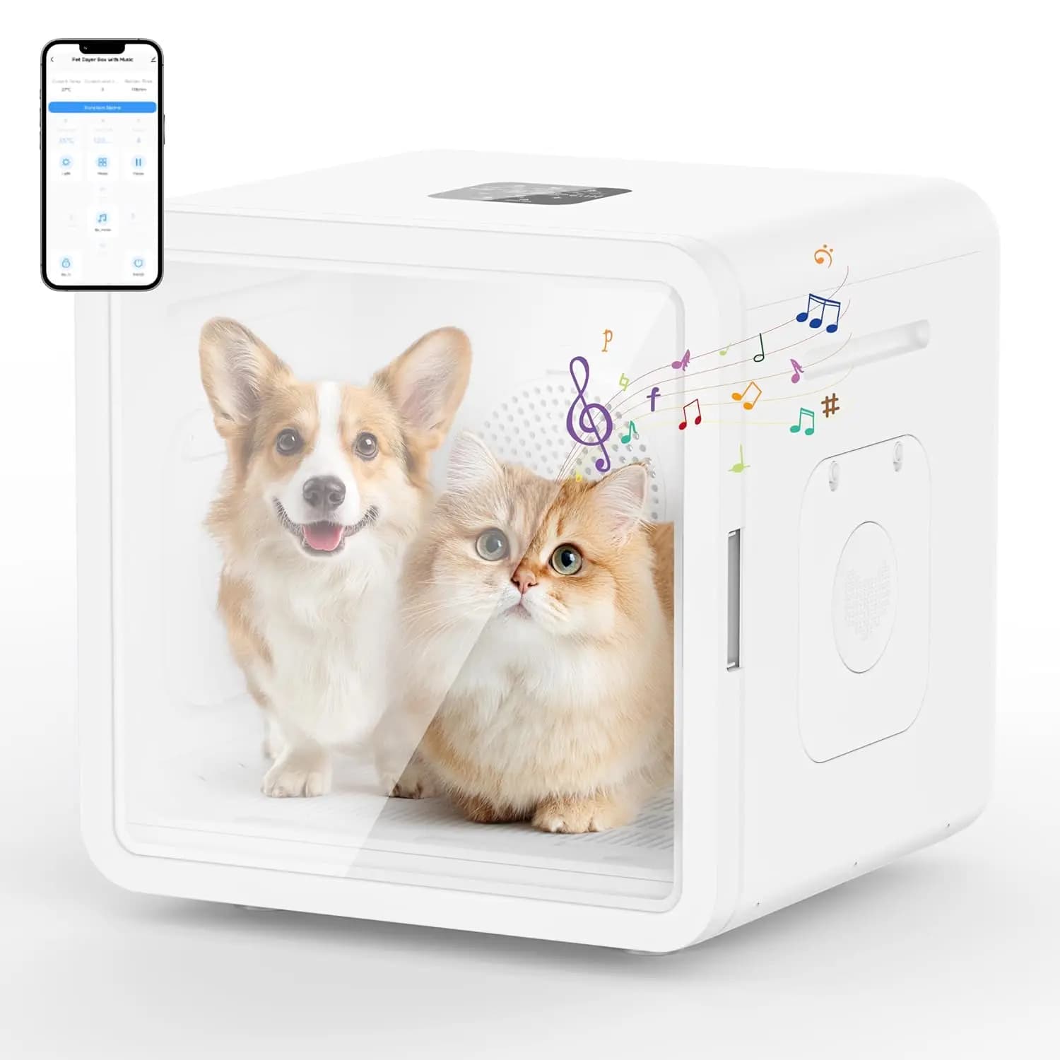 Asciugatrice per Animali Domestici 76L con Controllo Temperatura Smart APP 360° ° Asciugacapelli per Animali Domestici con 5 Modalità di Flusso d'Aria, Timer e Blocco Bambini, Personalizzabile per Gatti e Cani di Piccola Taglia