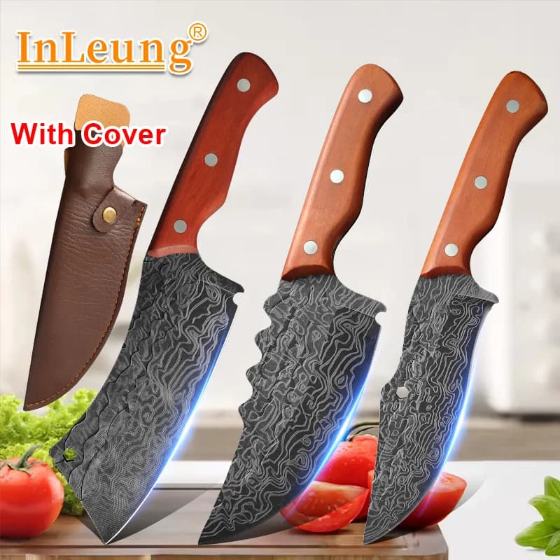 Professional Laser Damascus Forged Kitchen Knives Wooden Handle Meat Cleaver Chef Fruit Knife Multi-scene BBQ Cooking Cutlery