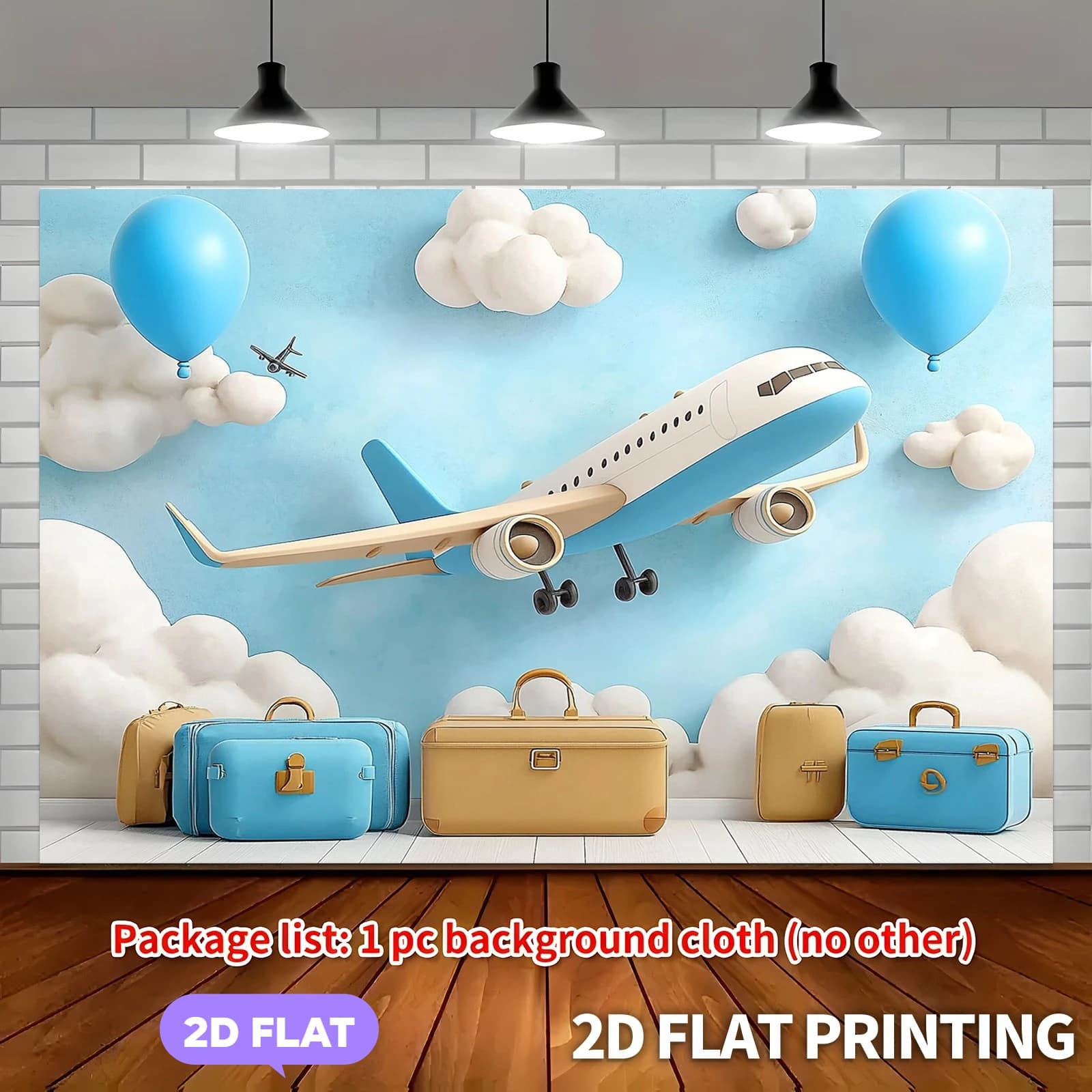 Banner per feste di compleanno per bambini a tema aereo, in formato 2D, con aerei, palloncini e bagagli