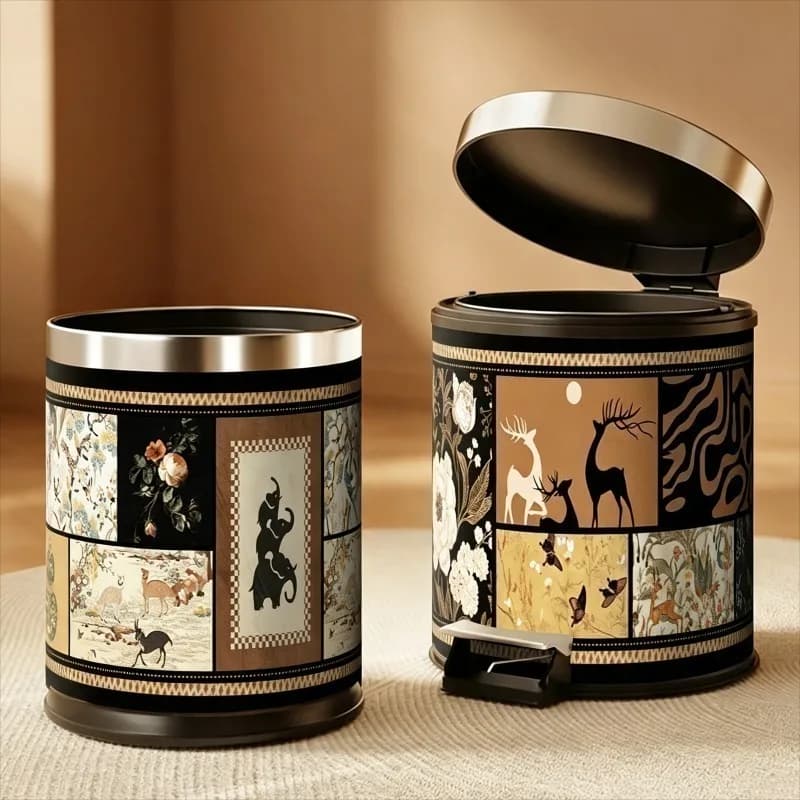Retro Trash Can Round Waste Bin Luxury American Home Decoration Wastebasket Creative Food Waste Recycle Bin for Kitchen Bathroom