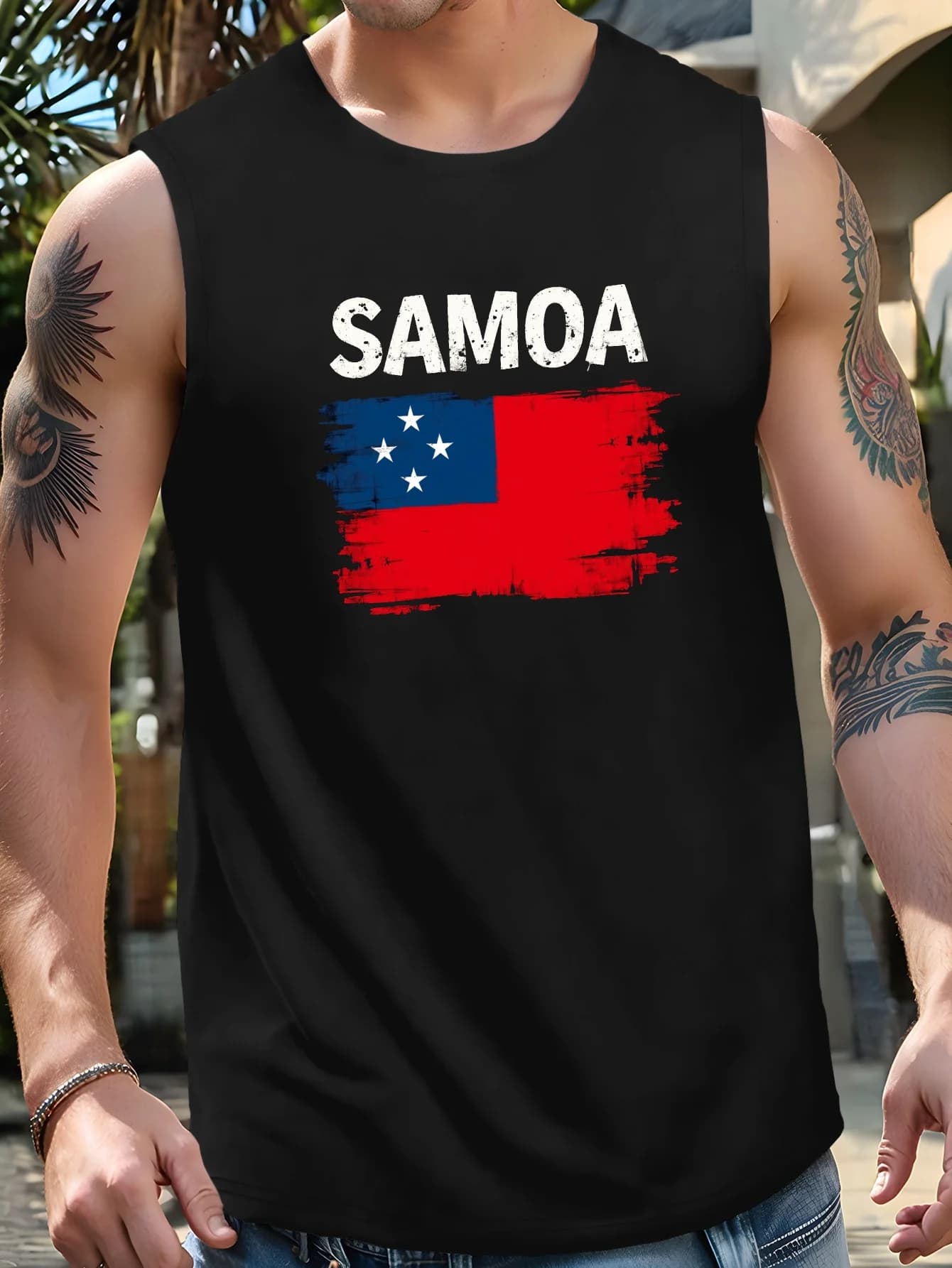 Men's T-shirt with Samoa flag and aged effect characters - Presents elements of the Samoa flag combined with a retro character design
