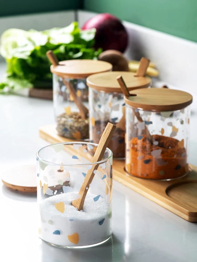 Set di contenitori per condimenti da cucina in stile nordico, in vetro, per uso domestico, con coperchio a motivo, per sale, spezie e condimenti