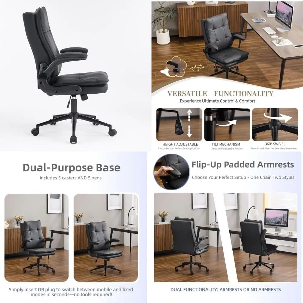 Sedia da scrivania ergonomica in pelle nera, sedia da gaming per computer con schienale alto, con/senza ruote, base doppia, altezza regolabile, con braccioli ribaltabili