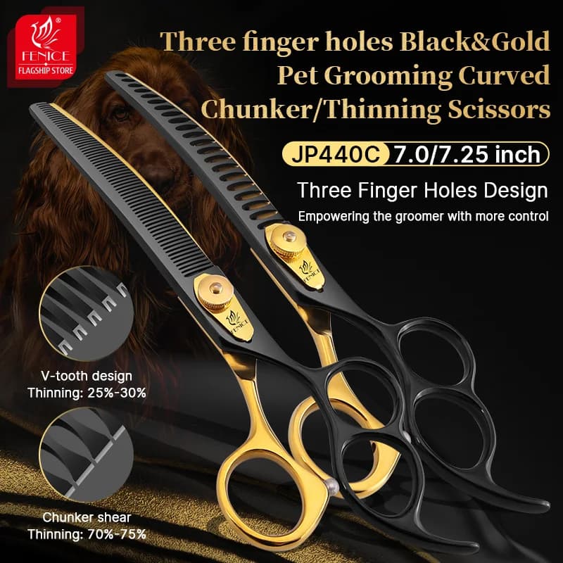 Fenice 7.0/7.25 pollici tre fori per le dita nero e oro Pet Grooming curvo Chunker/forbici per sfoltire JP440C strumenti di bellezza per cani