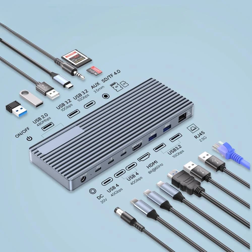 USB4.0 Aluminum Alloy Docking Station 13 Ports USB-C Hub 40Gbps 8K 60Hz USB 3.2 Gen2 10Gbps for 2.1 87W