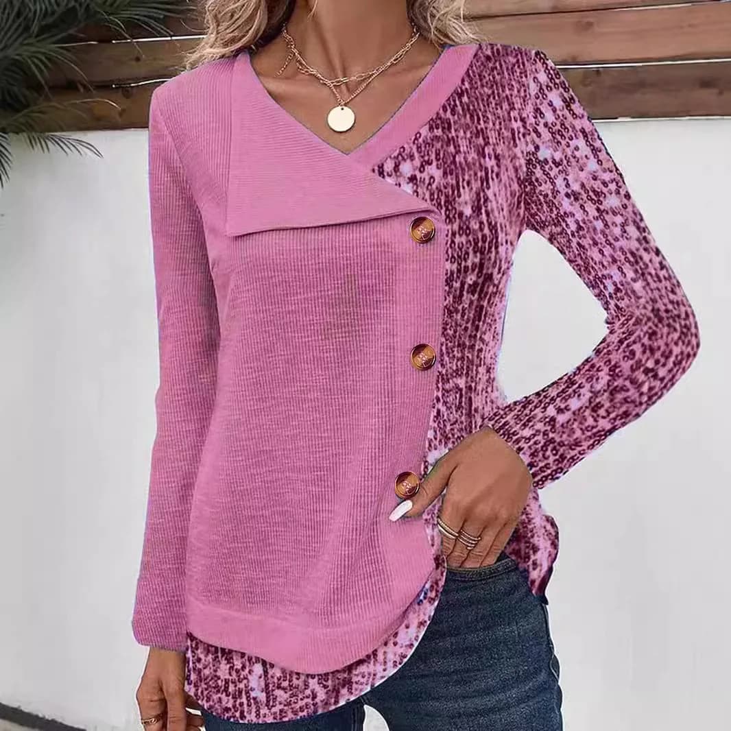 Moda impiombata ​ ​ T-shirt da donna con paillettes Primavera Autunno Top con bottoni e scollo a V a maniche lunghe con camicette con orlo irregolare
