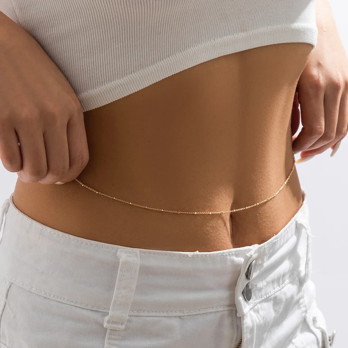 Body Chain Metal Single Layer Spaced Bead Thin Waist Belt for Women Sexy Festival Evening Adjustable Rose Gold Premium Elegant