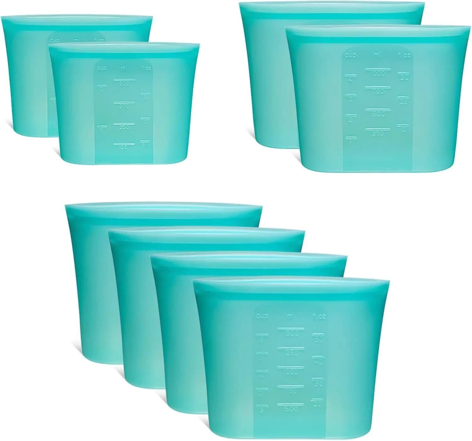 Confezione da 8 Sacchetti Riutilizzabili in Silicone per Alimenti, Adatti per Congelatore, Microonde e Lavastoviglie, Aqua, 4M 2S 2XS