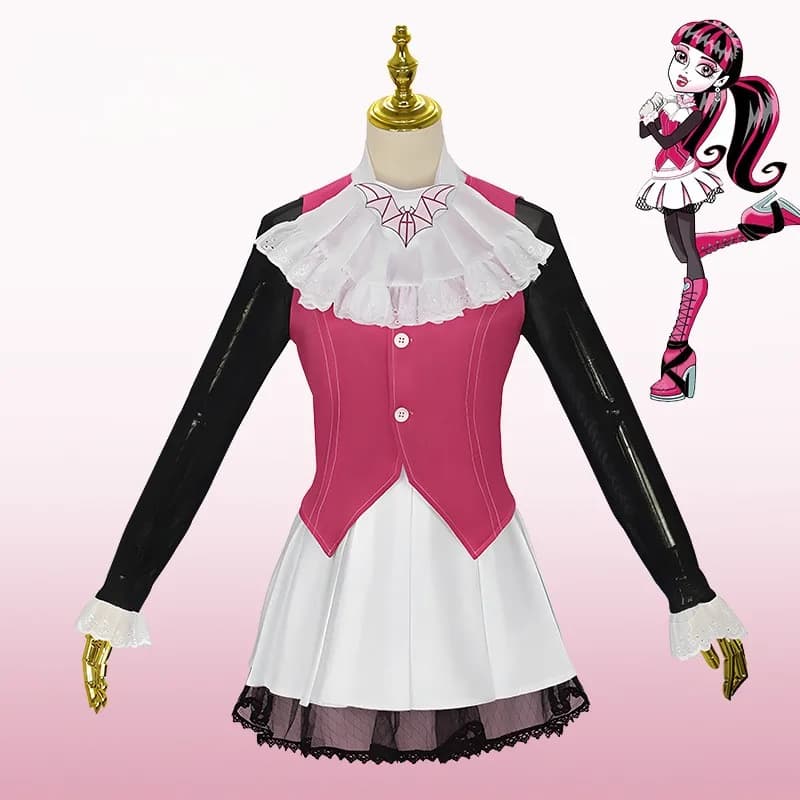 Draculaura Cosplay Costume Monster High Gothic Vampire Dress Pink Vest White Skirt Women Halloween Party Outfit