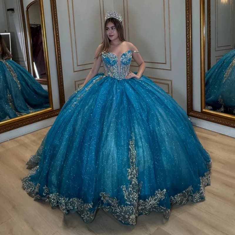 Abiti Quinceanera blu lucido Abito da ballo con spalle scoperte Applique Perline di pizzo Tull Corsetto Festa di compleanno Dolce 16 Abiti