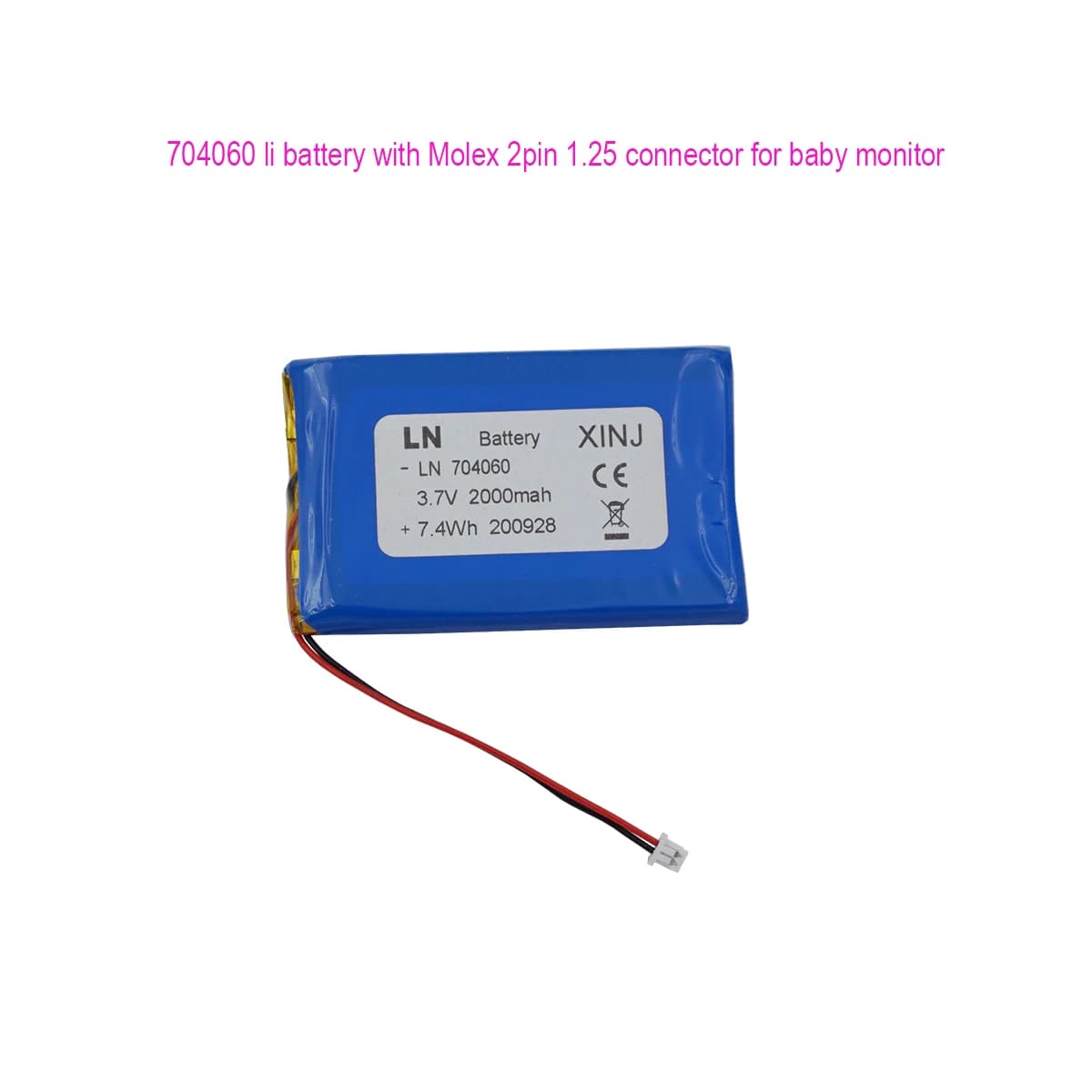 Batteria al litio ricaricabile ai polimeri di litio da 3,7 V 2000 mAh 7,4 Wh 704060 Connettore JST 2 pin 1,25 mm per telecamera per auto GPS Baby Monitor