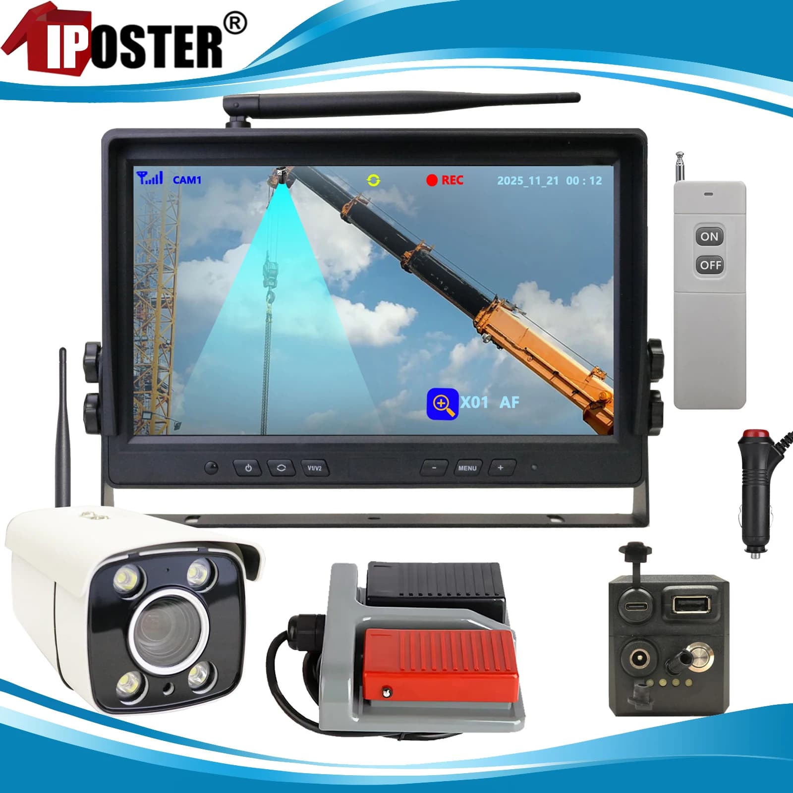 iPoster Gru 1080P Digitale Wireless 30x Zoom Telecamera di Monitoraggio 10.1 "Quad DVR Monitor 20000mAh Batteria Per gru/torre gru