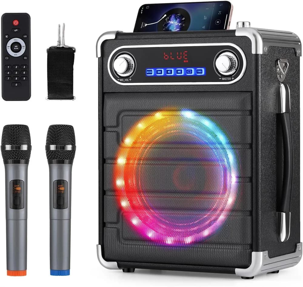 Macchina per karaoke con altoparlante Bluetooth portatile ad alto volume con 2 microfoni wireless TWS/TF/AUX/USB ricaricabile 6.5" Luce a led Woffer