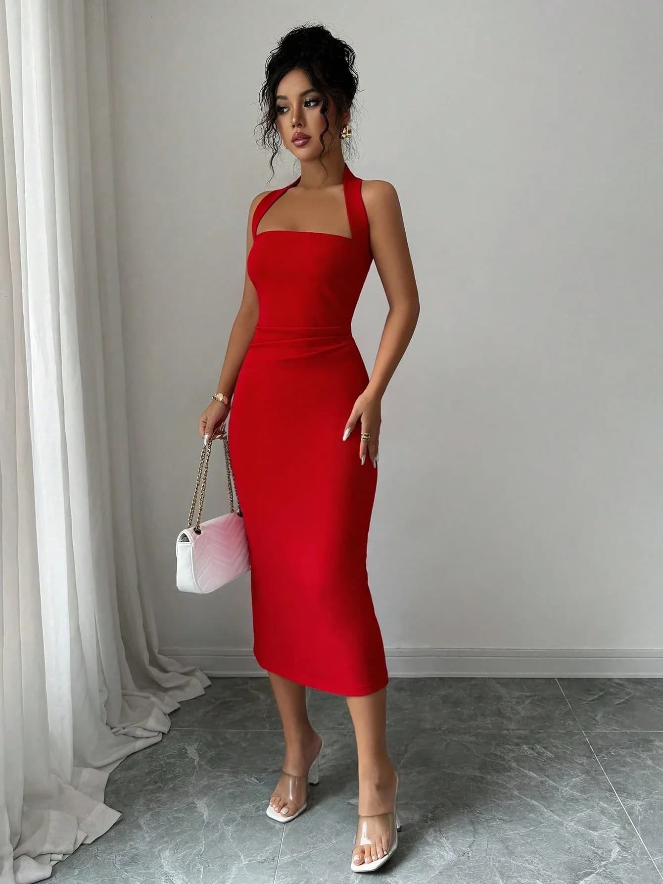 Elegant Red Halter Neck Solid Color Sheath Dress For Evening Date Vacation